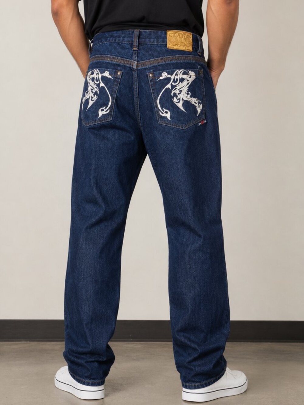 COOGI Mens W38 L33 Y2K Straight Leg Jeans Embroidered Chenille Logo Patch Dark